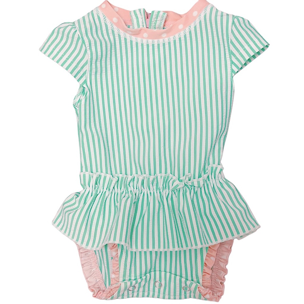 Ruffle Butts | Mint Seersucker Peplum Rash Guard One Piece Swimsuit